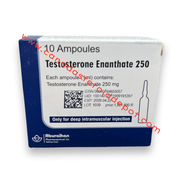 Aburaihan Testosterone Enanthate : 10 amps @ 250mg/ml, 1ml/amp IRAN – not fake (many cdn websites sell bootleg versions of these , this is a fact)